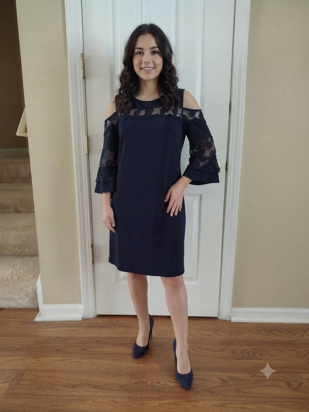 Nina Leonard Navy Cold-Shoulder Lace Sleeve Dress